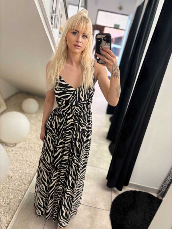 MS244 Sukienka Lindy Maxi 100% Wiskoza Czarmo-Biała Zebra