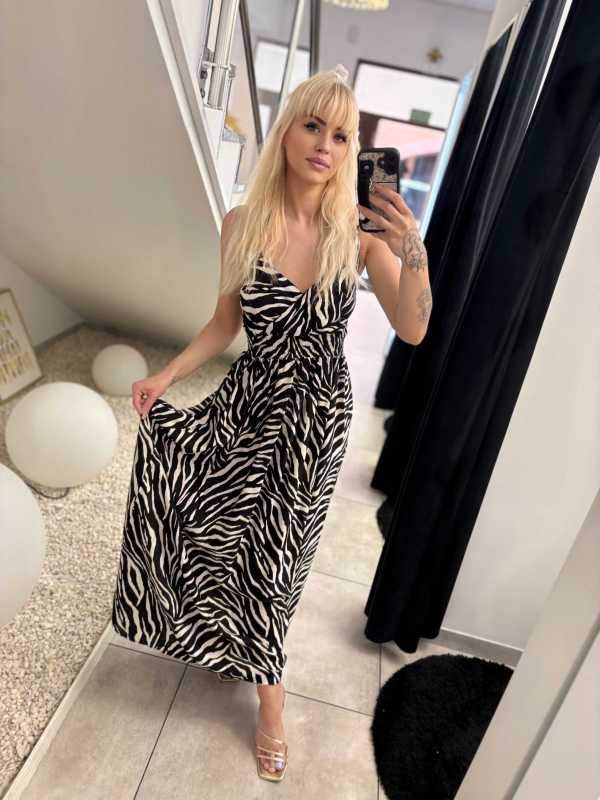 MS244 Sukienka Lindy Maxi 100% Wiskoza Czarmo-Biała Zebra