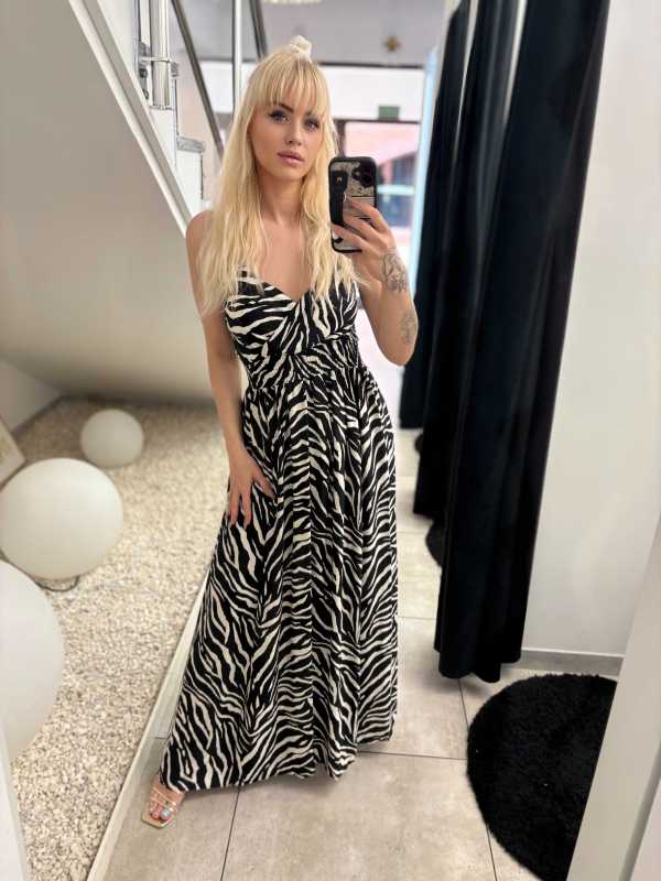 MS244 Sukienka Lindy Maxi 100% Wiskoza Czarmo-Biała Zebra