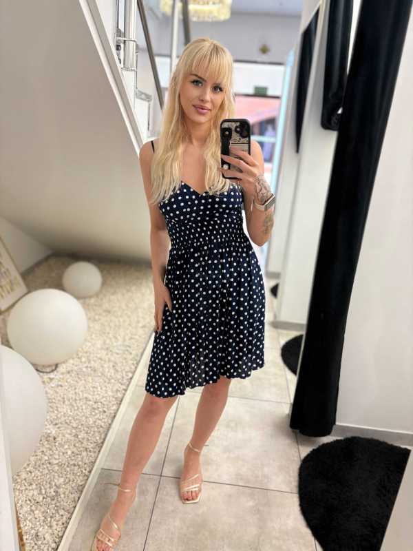 MF198 Sukienka Mini 100% Wiskoza Flo Groszki Granatowa