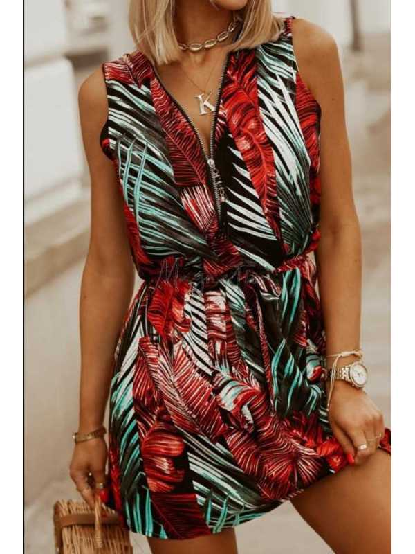 MF362 Sukienka Zip Red&Green Leaves