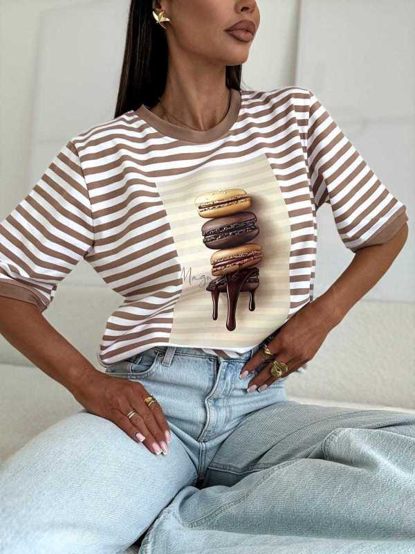 BC546 T-shirt Bocca Ciasteczko Paski Beż