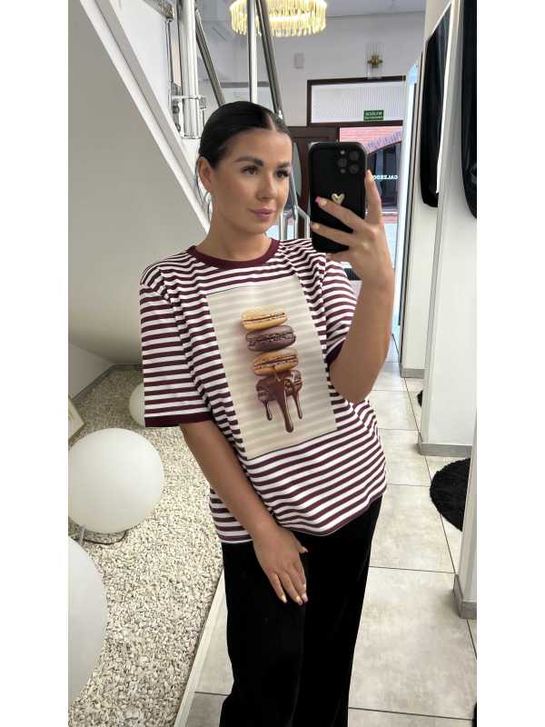 BC546 T-shirt Bocca Ciasteczko Paski Bordowy