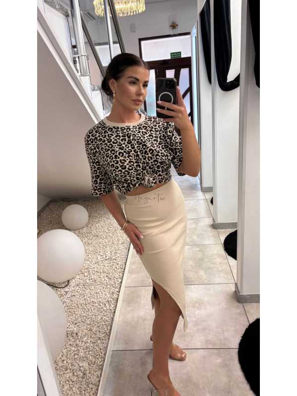 BC568 Spódnica Midi Bawełna Prążek Beżowa