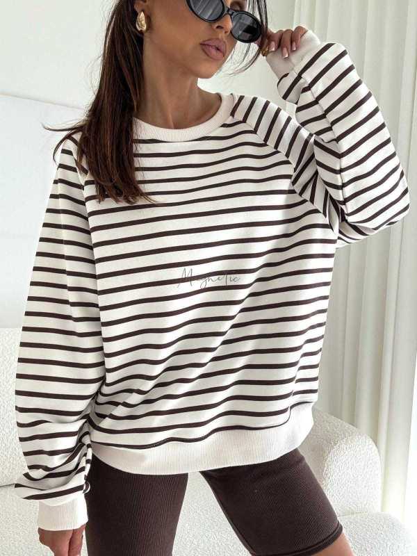 BC566 Bluza Oversize Bocca Ecru + Brązowe Paski