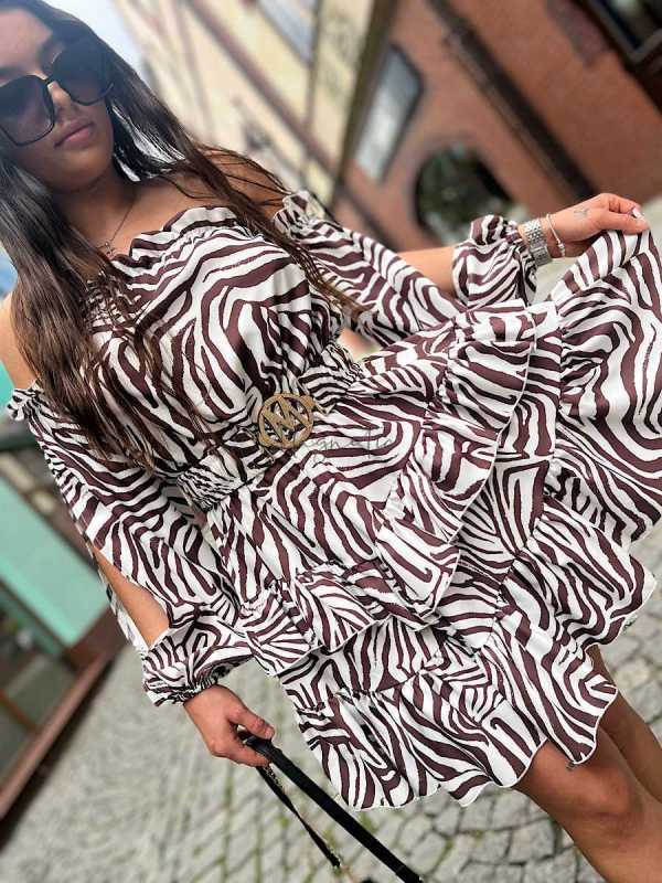 MR733 Sukienka Hiszpanka Pęknięty Rękaw Biało-Brązowa Zebra