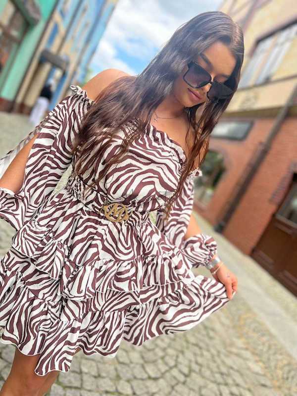 MR733 Sukienka Hiszpanka Pęknięty Rękaw Biało-Brązowa Zebra