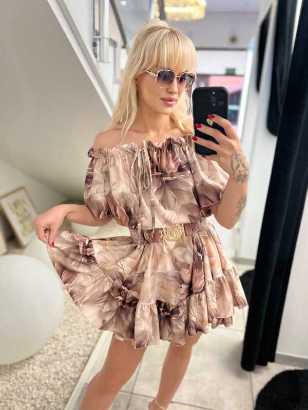 MR825 Kombinezon Hiszpanka Krótki Rękaw Beżowo-Brązowy