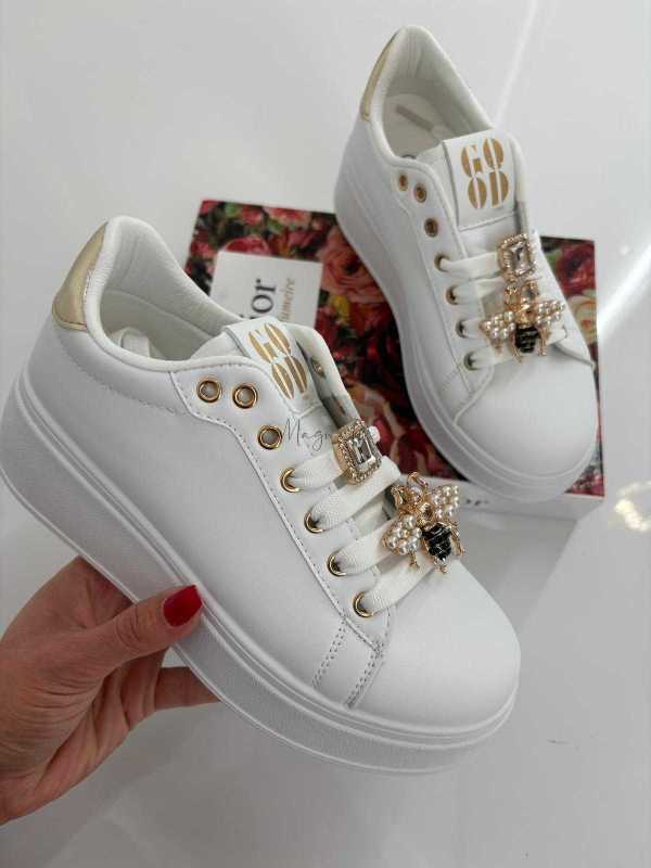 B655 Buty Sneakersy Damskie Białe z Ozdobami