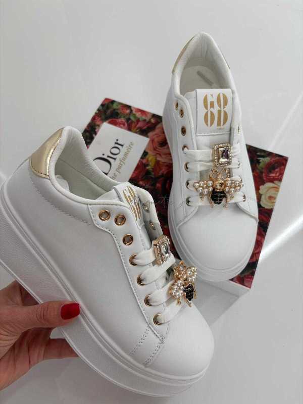 B655 Buty Sneakersy Damskie Białe z Ozdobami