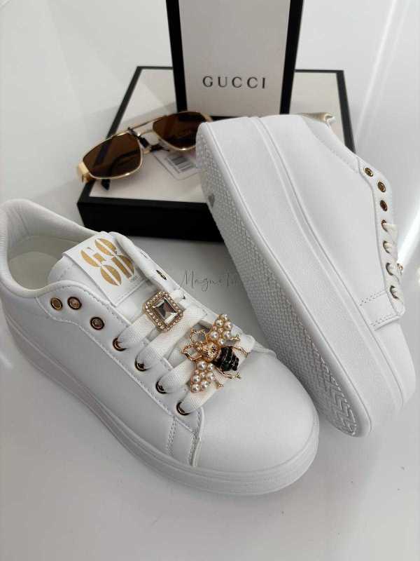 B655 Buty Sneakersy Damskie Białe z Ozdobami