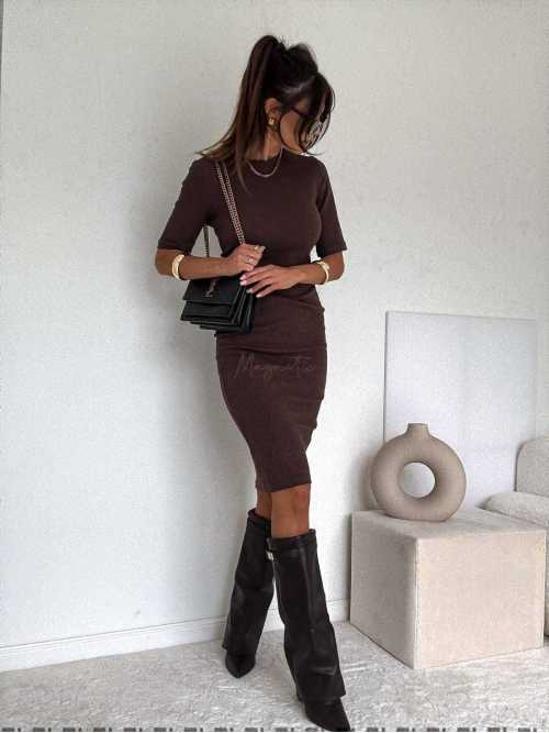 BC610 Sukienka z dzianiny prażek Bordowa