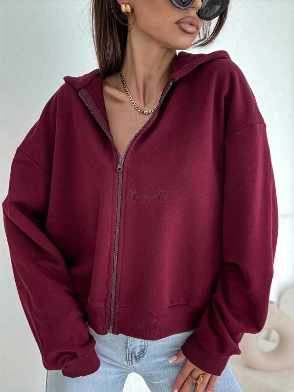 BC660 Bluza Na Zamek Z Kapturem Bawełna Bordowa