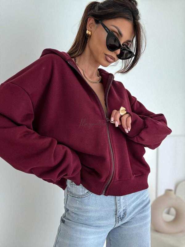 BC660 Bluza Na Zamek Z Kapturem Bawełna Bordowa