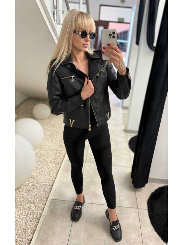 K615 Kurtka Ramoneska Ekoskóra Złote Dodatki Czarna