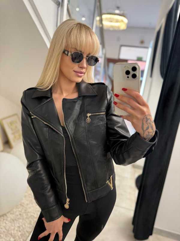 K615 Kurtka Ramoneska Ekoskóra Złote Dodatki Czarna