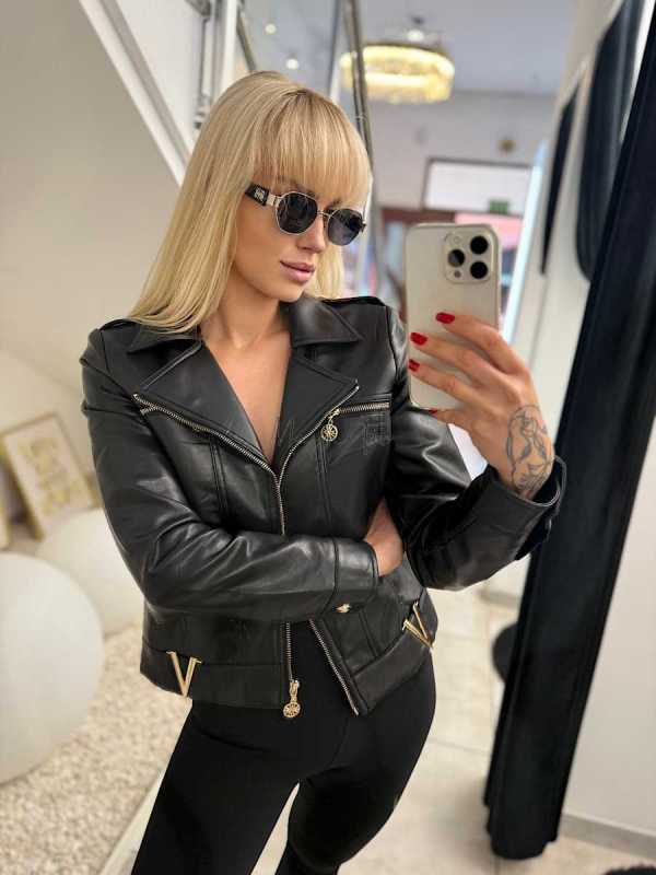 K615 Kurtka Ramoneska Ekoskóra Złote Dodatki Czarna