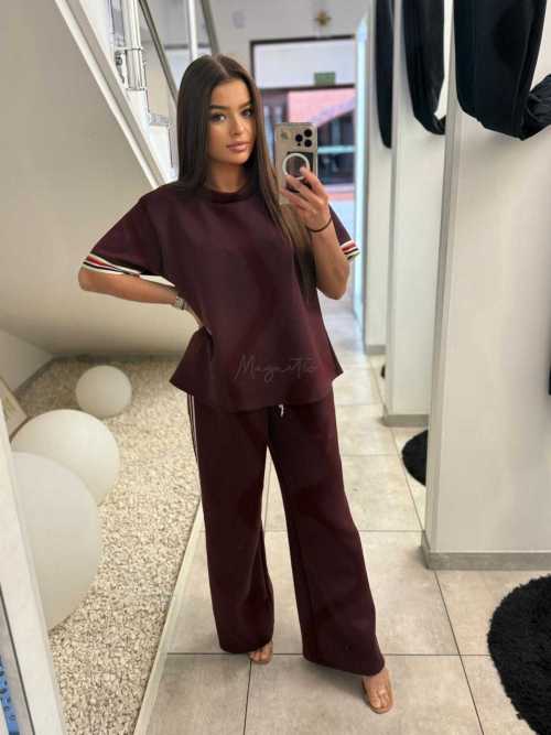 NB645 Komplet Masełkowy Szeroka Nogawka Lampasy  Bordowy