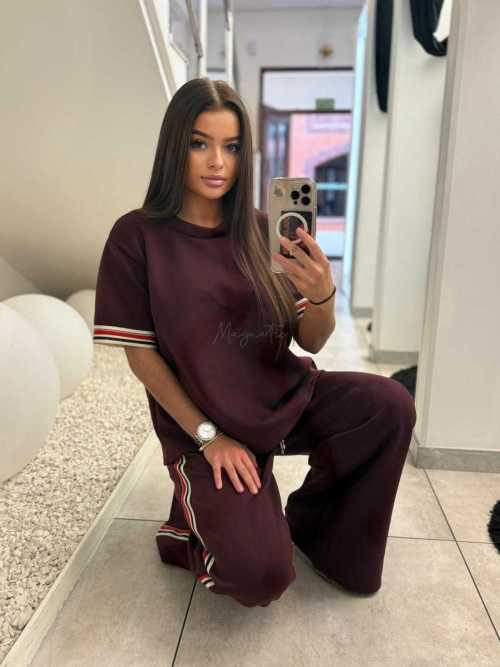 NB645 Komplet Masełkowy Szeroka Nogawka Lampasy  Bordowy