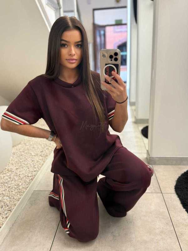 NB645 Komplet Masełkowy Szeroka Nogawka Lampasy  Bordowy