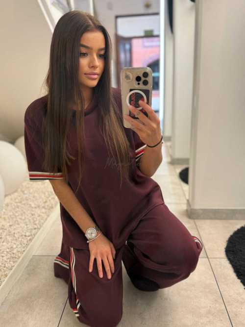 NB645 Komplet Masełkowy Szeroka Nogawka Lampasy  Bordowy