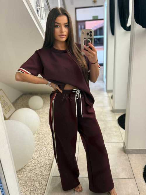 NB645 Komplet Masełkowy Szeroka Nogawka Lampasy  Bordowy