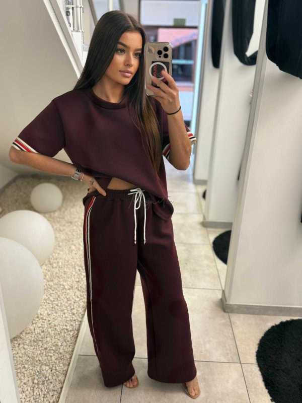 NB645 Komplet Masełkowy Szeroka Nogawka Lampasy  Bordowy