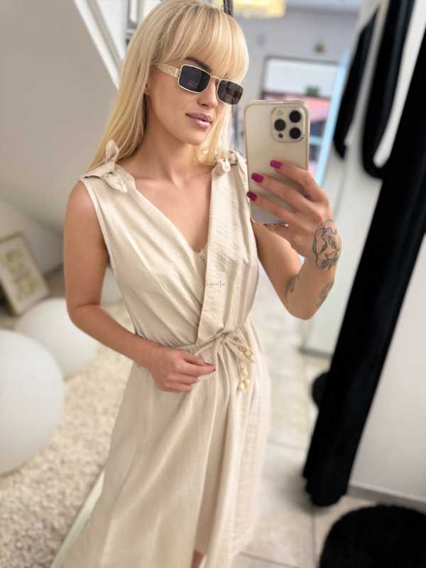 NB581 Sukienka z Wiskozy Kokardki Jasny Beż