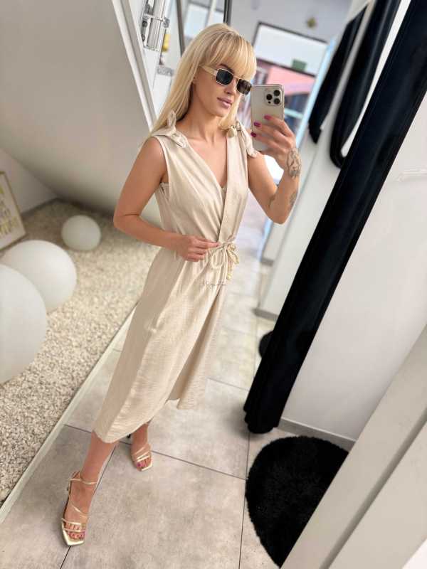 NB581 Sukienka z Wiskozy Kokardki Jasny Beż