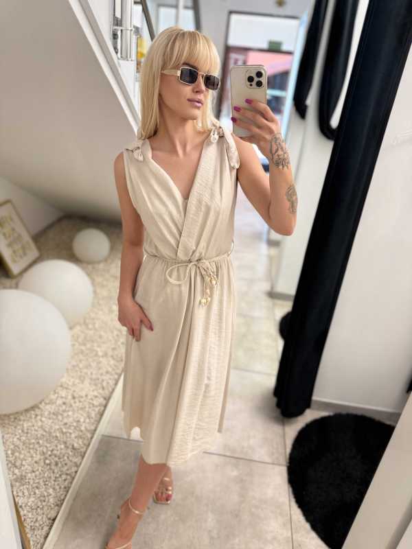 NB581 Sukienka z Wiskozy Kokardki Jasny Beż