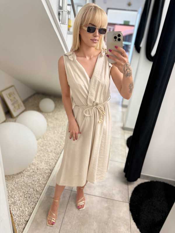 NB581 Sukienka z Wiskozy Kokardki Jasny Beż