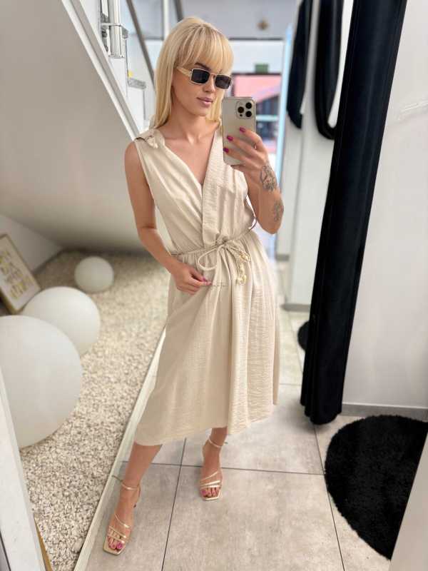 NB581 Sukienka z Wiskozy Kokardki Jasny Beż