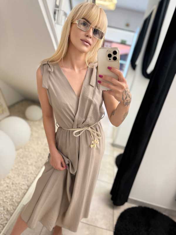 NB581 Sukienka z Wiskozy Kokardki Ciemny Beż