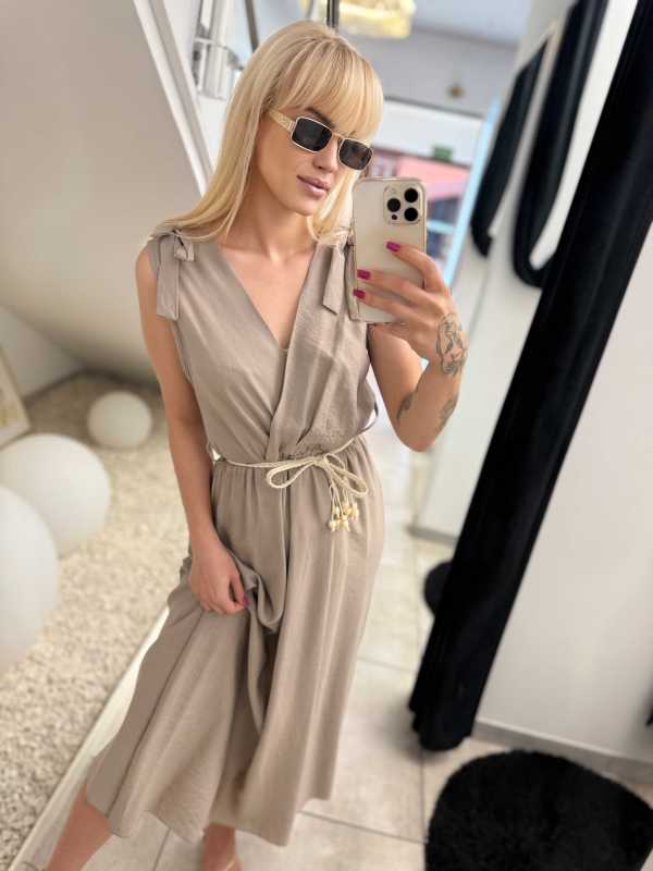 NB581 Sukienka z Wiskozy Kokardki Ciemny Beż