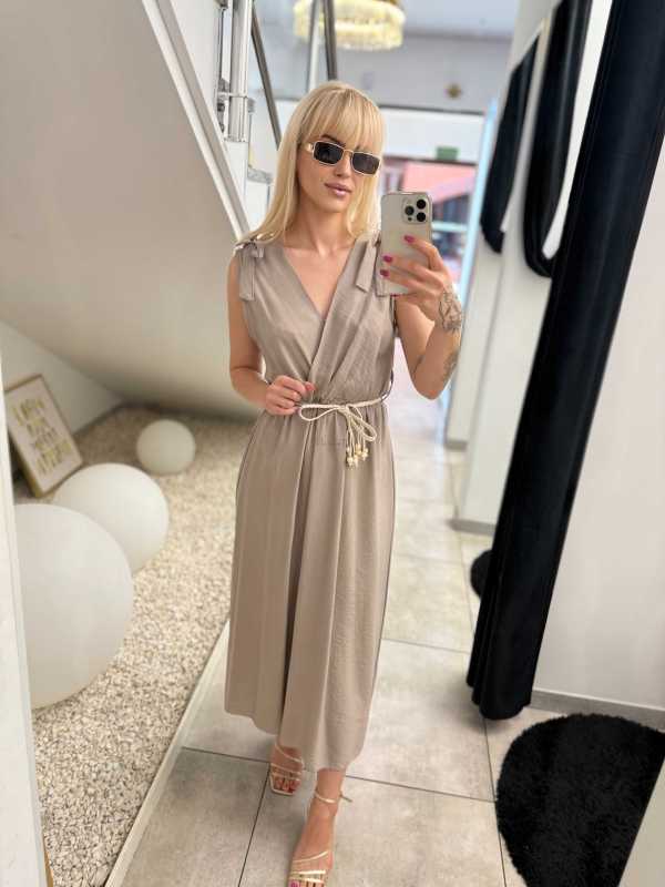 NB581 Sukienka z Wiskozy Kokardki Ciemny Beż