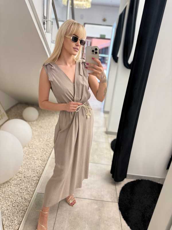 NB581 Sukienka z Wiskozy Kokardki Ciemny Beż