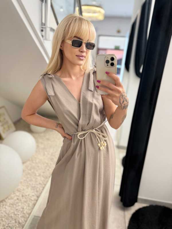 NB581 Sukienka z Wiskozy Kokardki Ciemny Beż