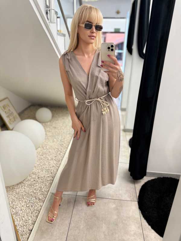 NB581 Sukienka z Wiskozy Kokardki Ciemny Beż