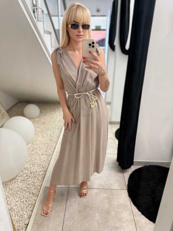 NB581 Sukienka z Wiskozy Kokardki Ciemny Beż