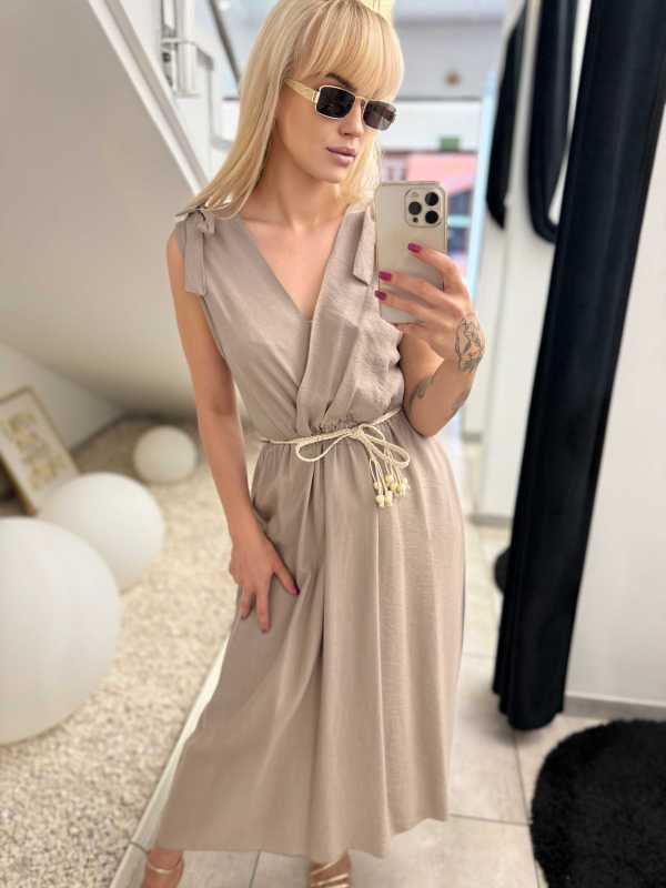 NB581 Sukienka z Wiskozy Kokardki Ciemny Beż