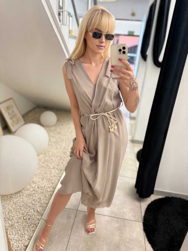 NB581 Sukienka z Wiskozy Kokardki Ciemny Beż