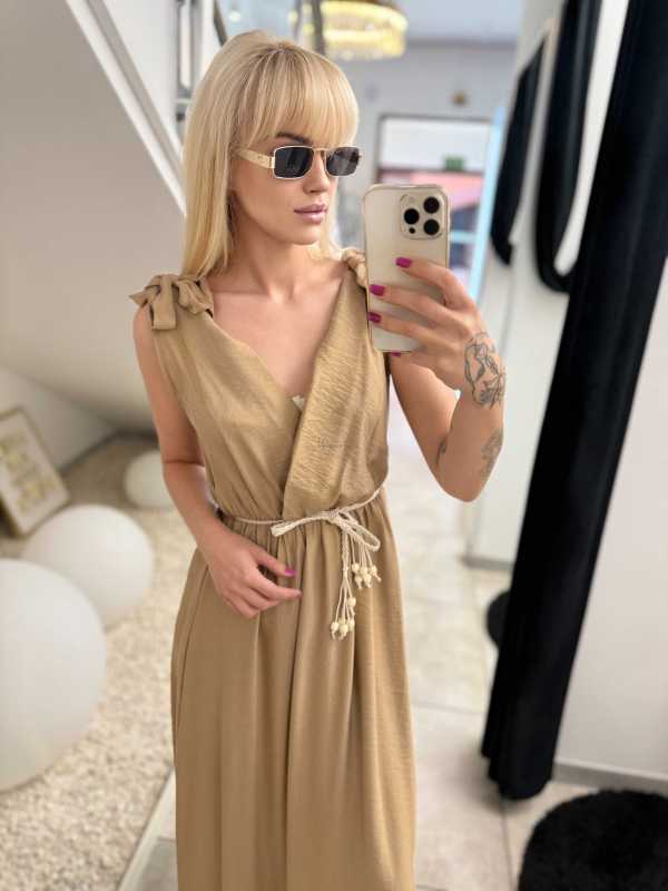 NB581 Sukienka z Wiskozy Kokardki Jasny Camel