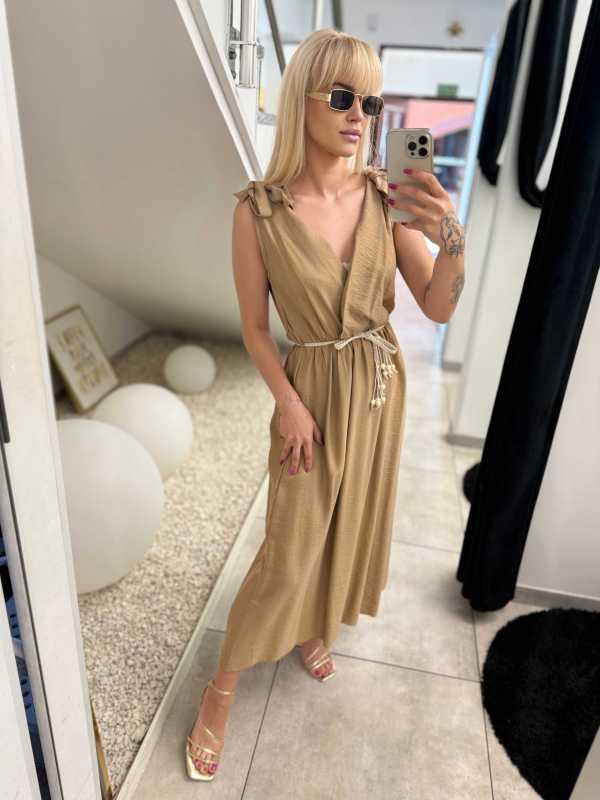 NB581 Sukienka z Wiskozy Kokardki Jasny Camel