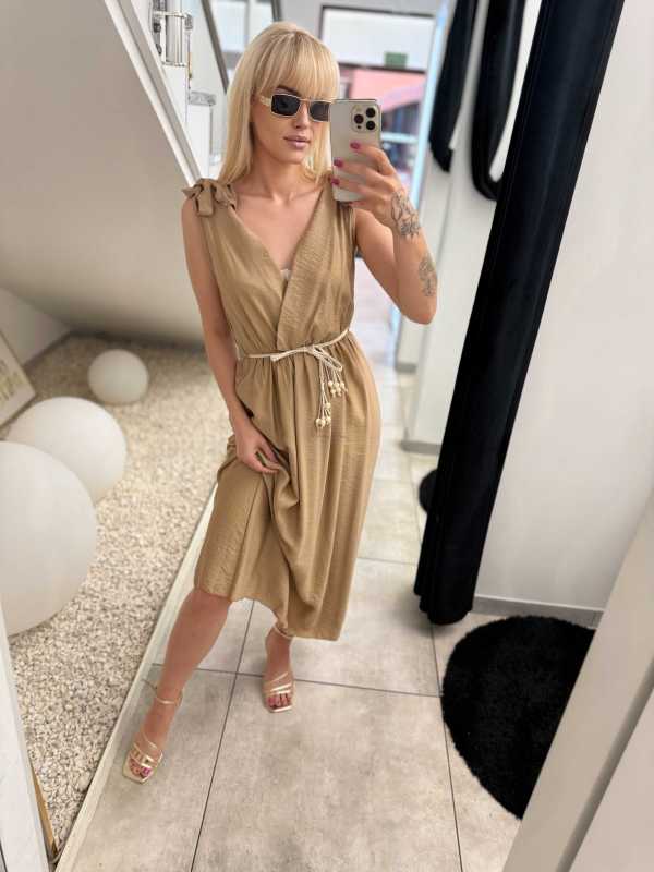 NB581 Sukienka z Wiskozy Kokardki Jasny Camel