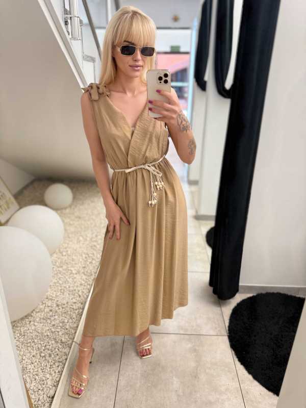 NB581 Sukienka z Wiskozy Kokardki Jasny Camel