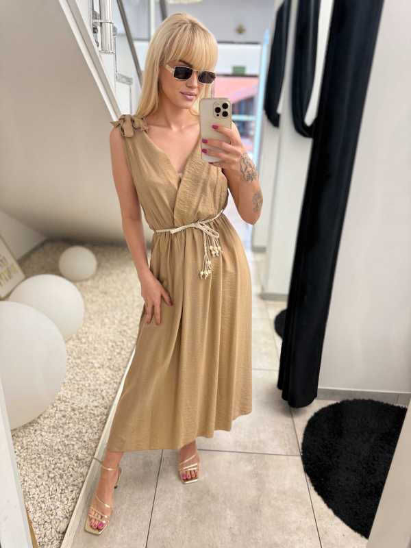 NB581 Sukienka z Wiskozy Kokardki Jasny Camel