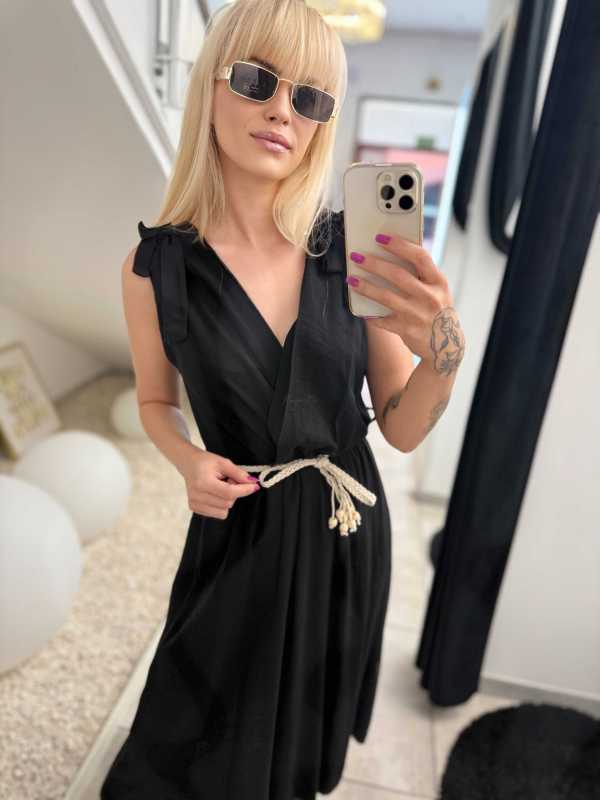 NB581 Sukienka z Wiskozy Kokardki Czarna