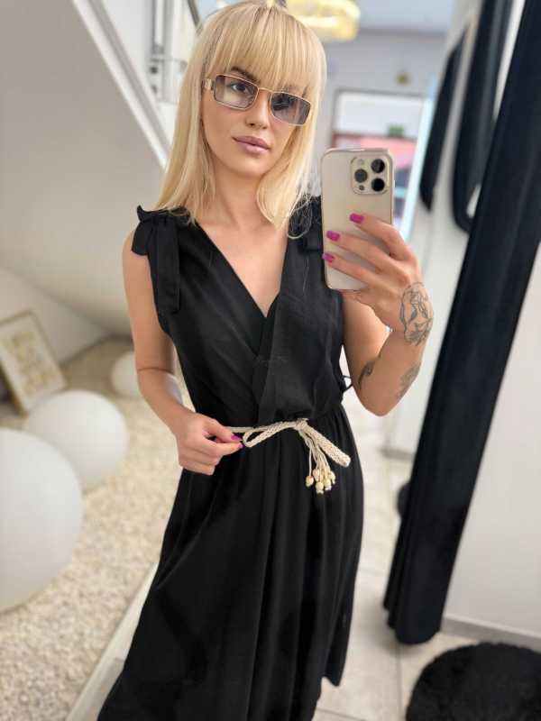 NB581 Sukienka z Wiskozy Kokardki Czarna