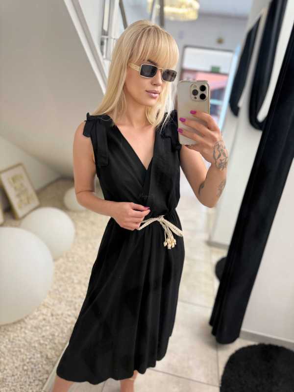 NB581 Sukienka z Wiskozy Kokardki Czarna