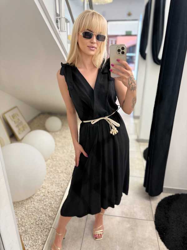 NB581 Sukienka z Wiskozy Kokardki Czarna